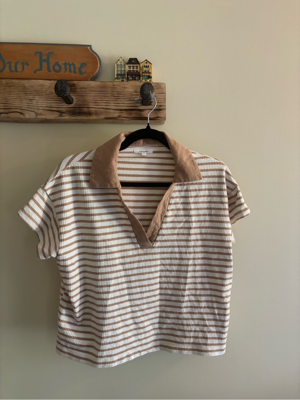 183.) Maurice’s /  Striped Polo Shirt - Beige & White